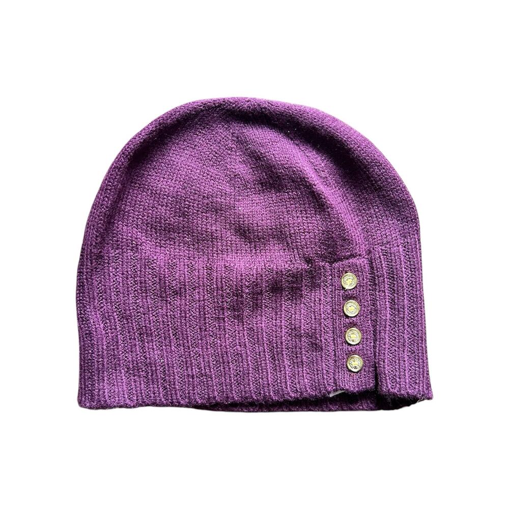 Calvin Klein Knit Beanie Hat – Purple with Gold Button Detail